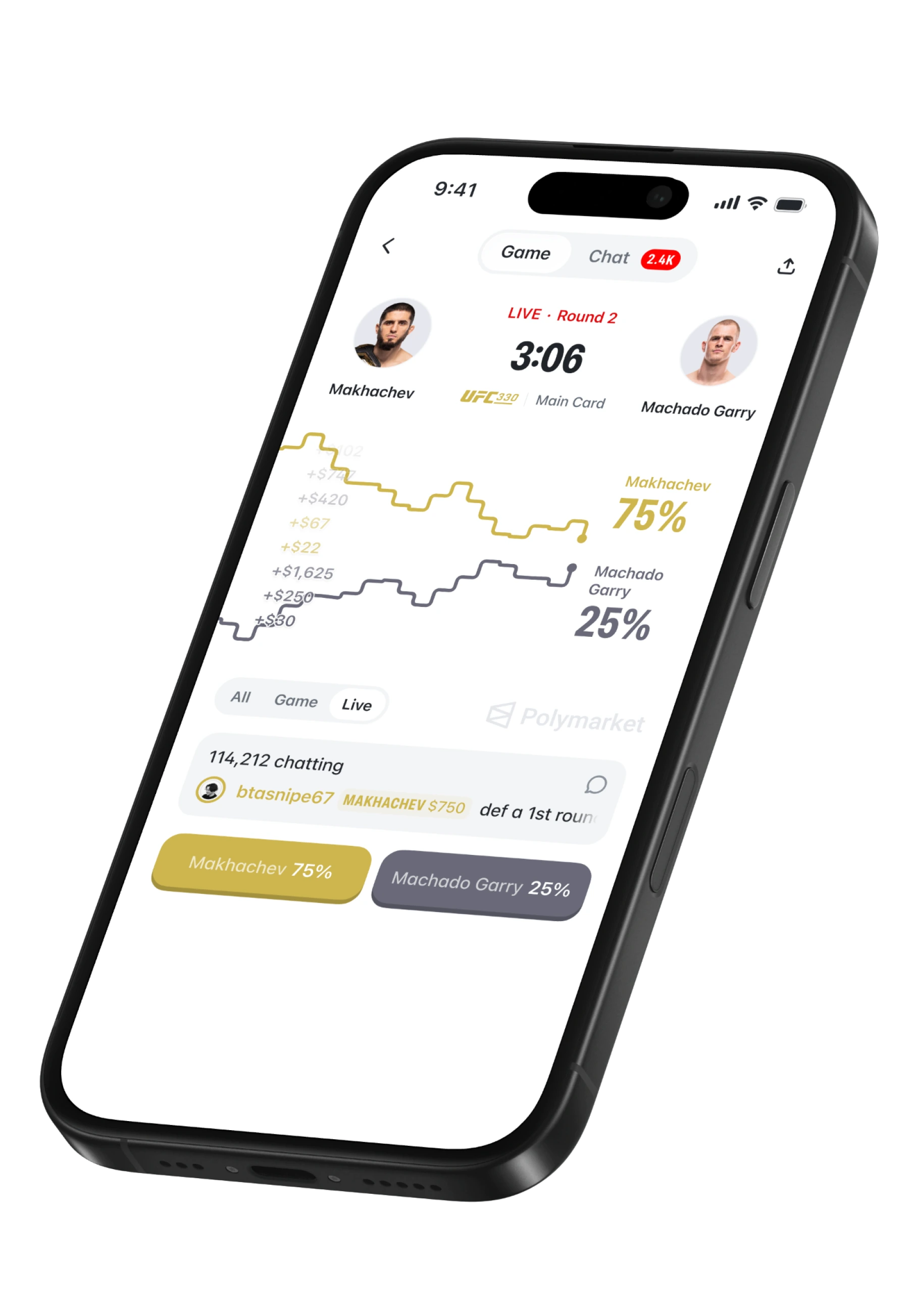 Polymarket app showing live UFC 330 market